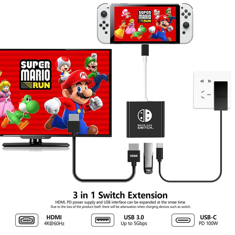 Switch 2 Dock, TV Docking Station for Nintendo Switch/Switch OLED/Steam Deck,HDMI 2.0 4K@60HZ Portable with PD 100W Charging, USB 3.0 Port（3-in-1）