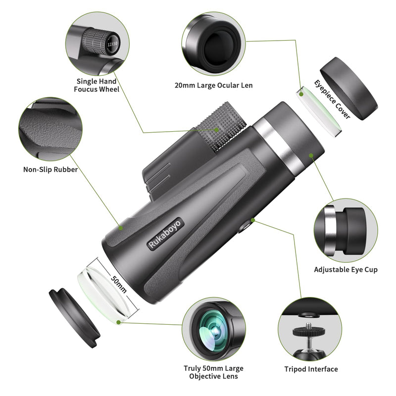 12X50 HD Monocular Telescope High Powered with Smartphone Adapter &Tripod - BAK4 Prism Monocular for Wildlife Bird Watching Hunting Travel Camping Stargazing Hiking(Black) Black