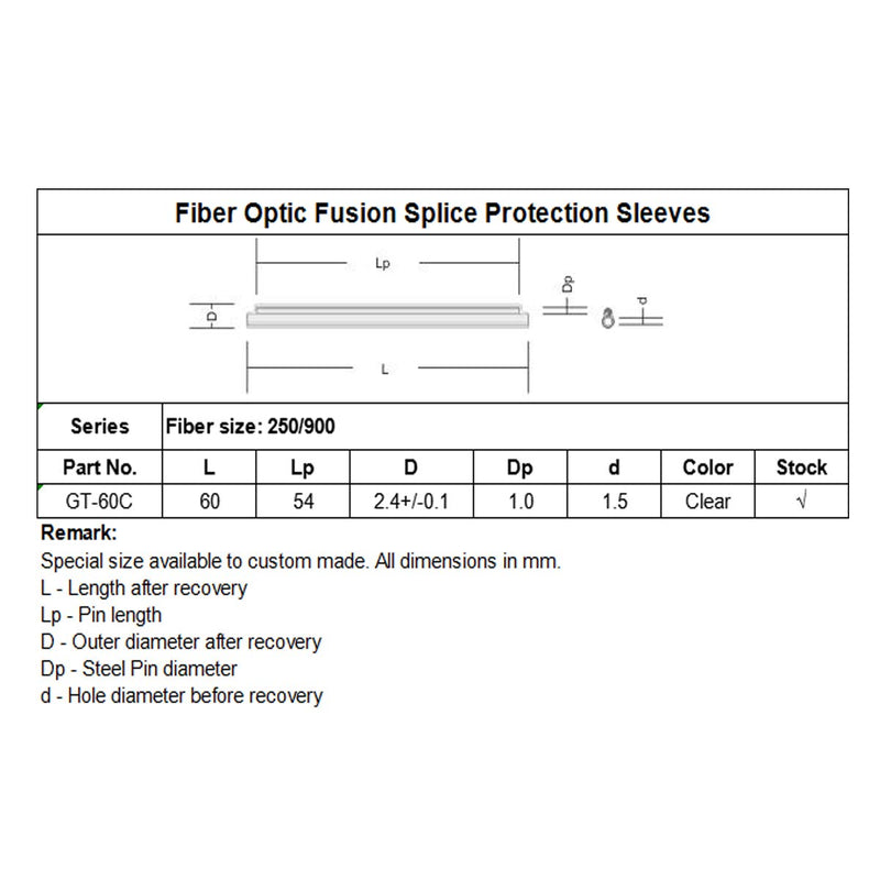 Fiber Optic Fusion Splice Protection Sleeve 1000pcs,Come with Box(Recovered Dia.2.4mm,60mm) OD2.4mm 60mm(L)
