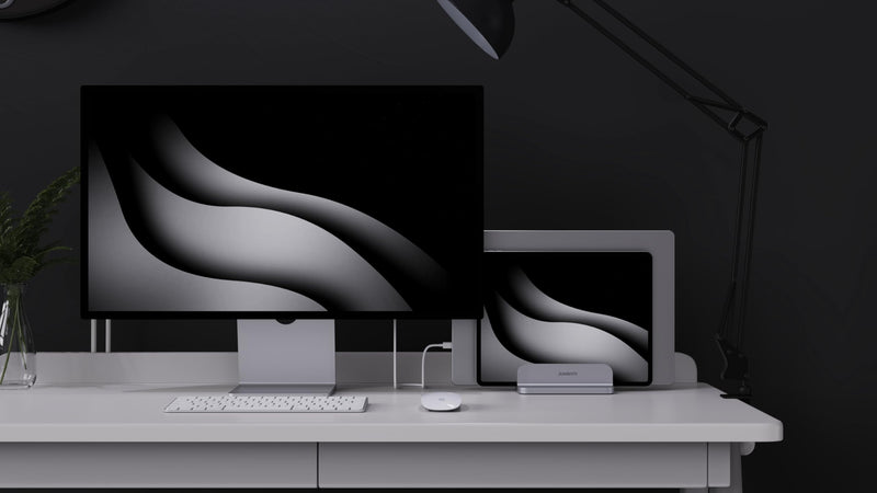 Double Aluminum Laptop Vertical Stand Organizer, Sturdy Notebook Computer Holder Stand Compatible with New Liquid Retina XDR Apple MacBook Air/Pro, Mac mini, Apple TV and iPad Pro - Silver