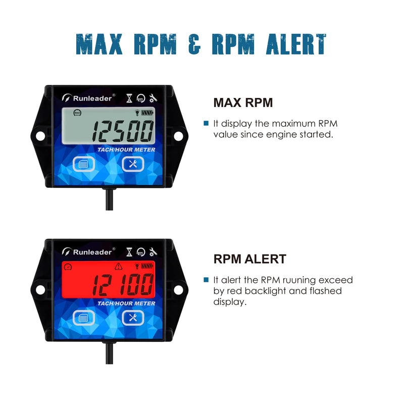 Runleader Digital Hour Meter Tachometer Gauge RPM Alert Backlights Display Battery Replaceable for 2/4 Stroke Small Gas Engine Used on Lawn Mower Generator Outboard Motor ATV Snowmobile Chainsaw