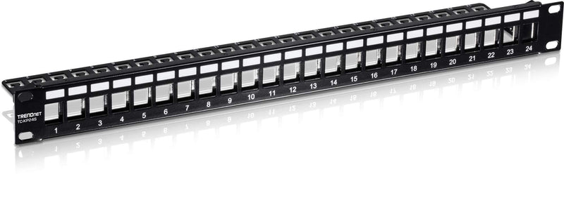 TRENDnet 24-Port Blank Keystone Shielded 1U Patch Panel, 1U 19" Rackmount Housing, Protects Against EMI/RFI Noise, Recommended with TC-K06C6A Cat6A Keystone Jacks (Sold Separately), Black, TC-KP24S 24-Port Shielded Blank Keystone