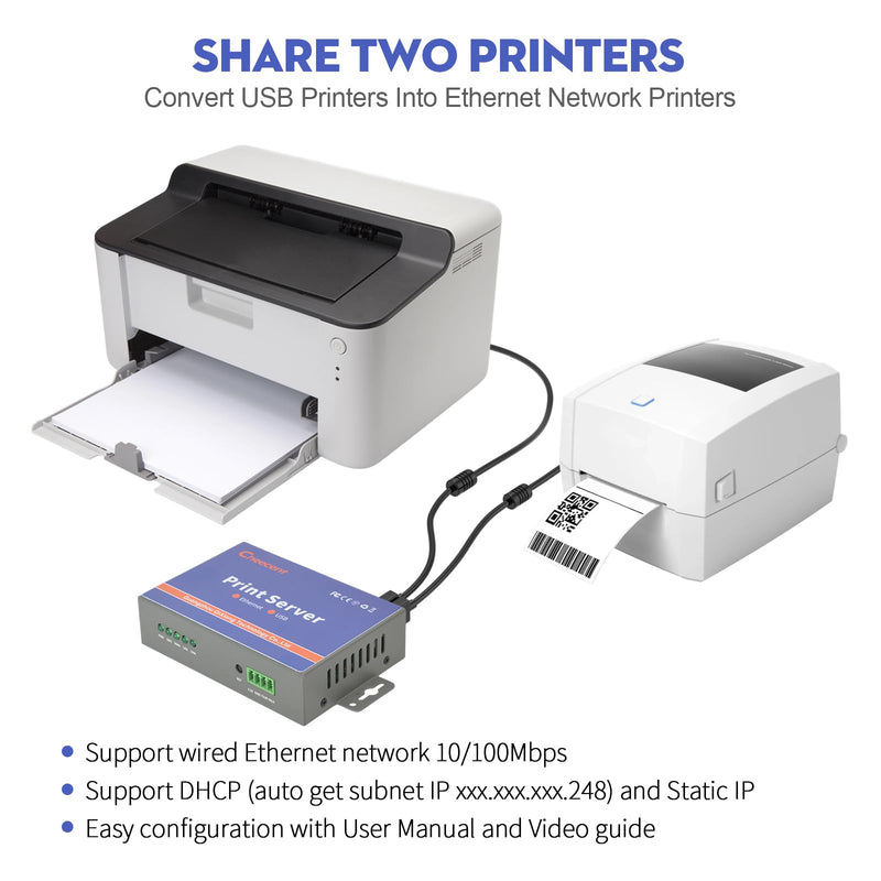 Network Ethernet to USB Print Server (NOT Plug&Play), Non-WiFi Version, 2 Port Print Server for USB Printer, Convert USB Printer to Ethernet Networking - Windows Mac Linux Compliant - CR102 Ethernet USB Print Server
