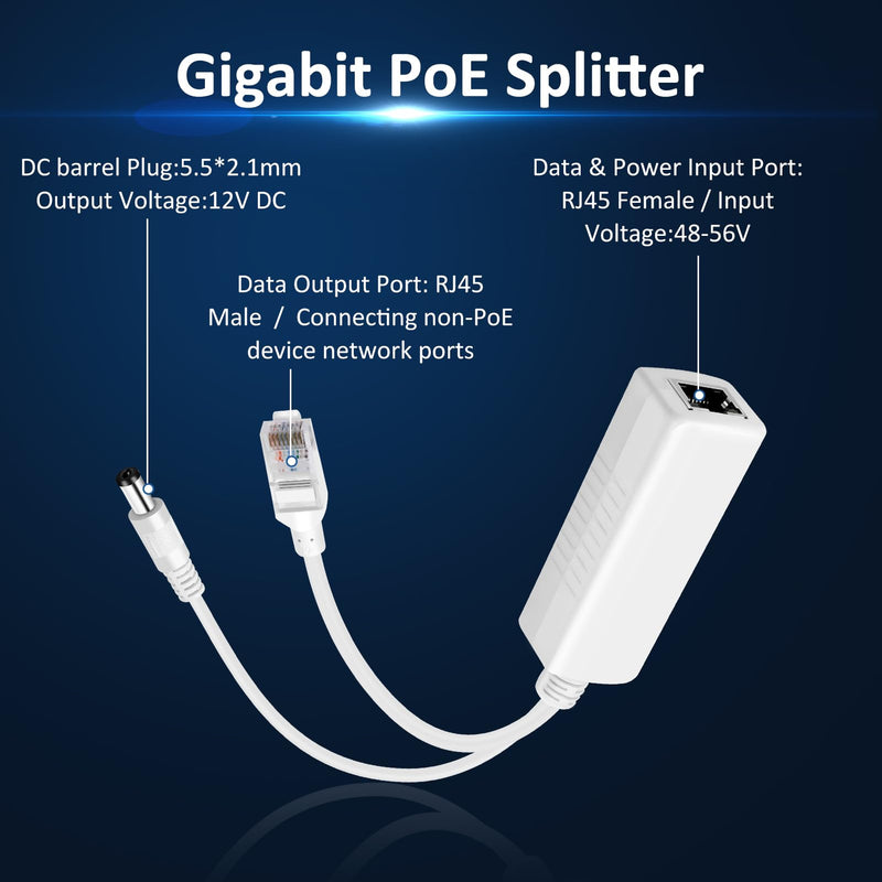 3-Pack Gigabit PoE Splitter 12V 2A Output with IEEE 802.3af/at Standard Compliant, Power Over Ethernet Splitter Adapte for Security Camera, AP, Voip, 5.5x2.1mm DC Plug 3
