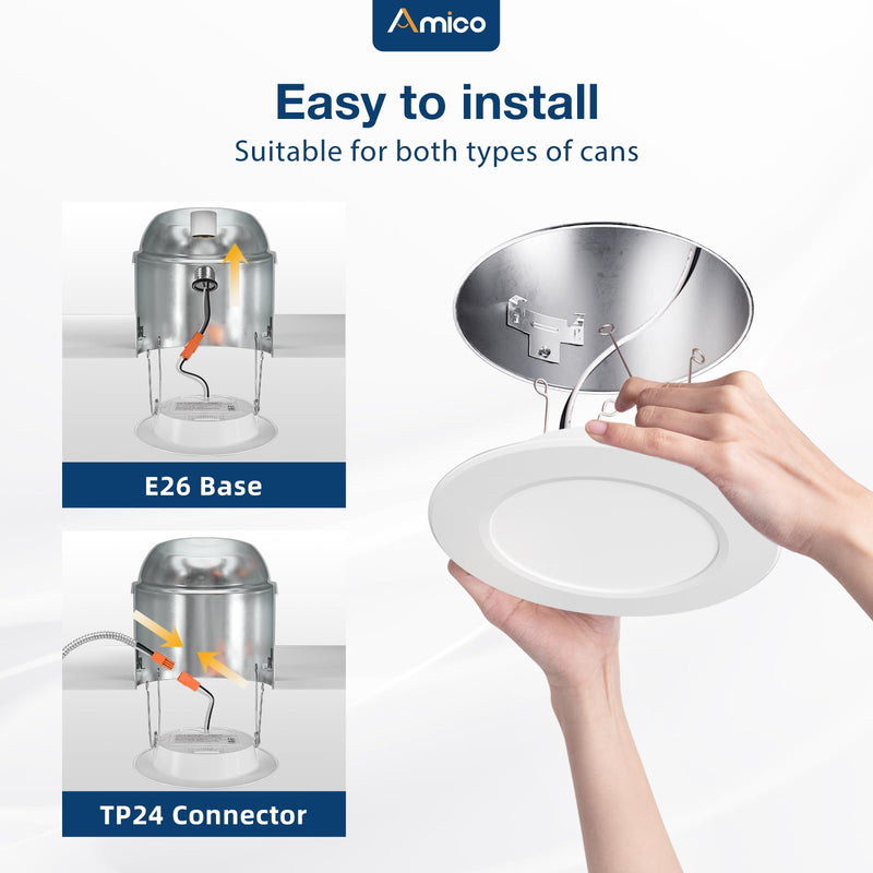 Amico Recessed Lighting 5/6 Inch, 4 Pack 5CCT Flat LED Can Lights, 2700K/3000K/4000K/5000K/6000K Selectable,12W Eqv 120W, 1050LM Brightness, Retrofit Installation - ETL & FCC 6 Inch