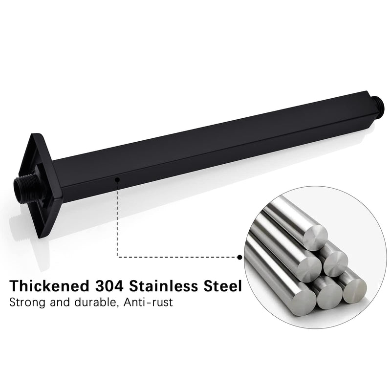 12 Inch Square Ceiling Mounted Shower Arm and Flange, Matte Black 12 Inch