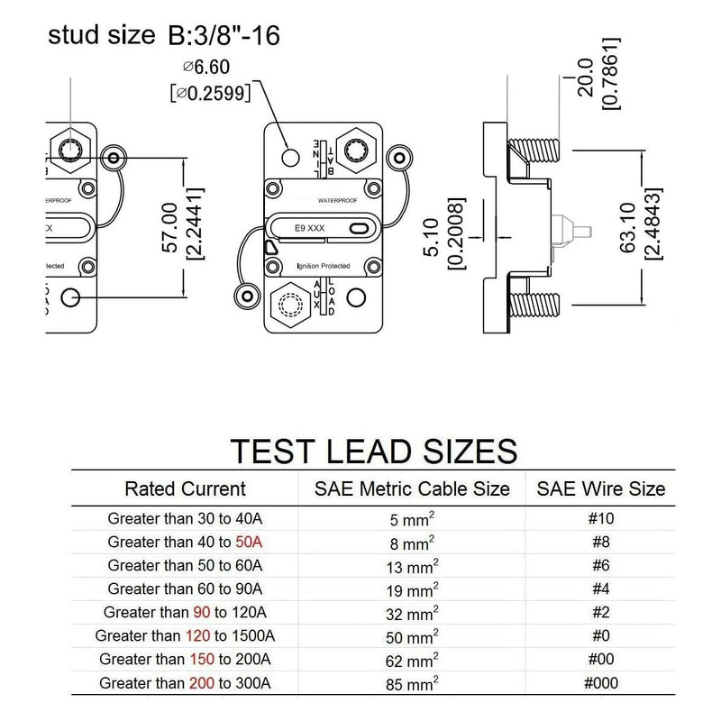 E9 3/8" Studs 300 Amp Circuit Breaker with Manual Reset | UL Certified | 12V - 48V DC | Waterproof IP67 Switchable 300A Surface-Mount