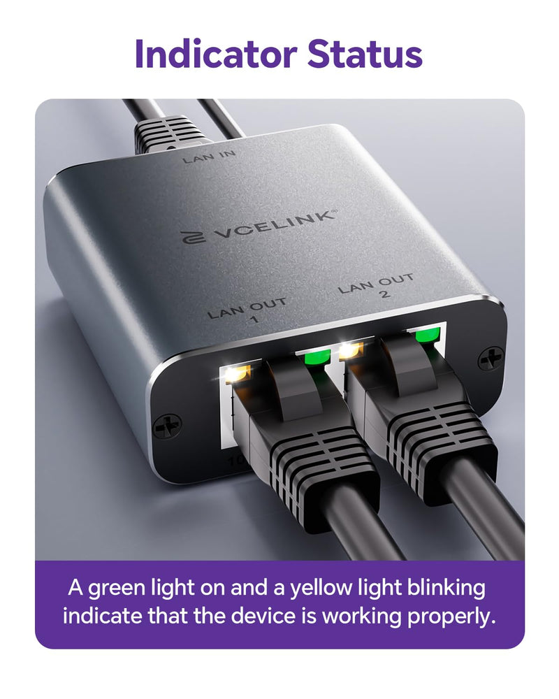 VCELINK Ethernet Splitter 1 to 2, 1000Mbps Ethernet Switch with USB Power Cable, Supports 2 Devices Simultaneously Networking, Compatible with Cat7/Cat6/Cat5, Ideal for PS5, Xbox, Smart TVs, Laptops