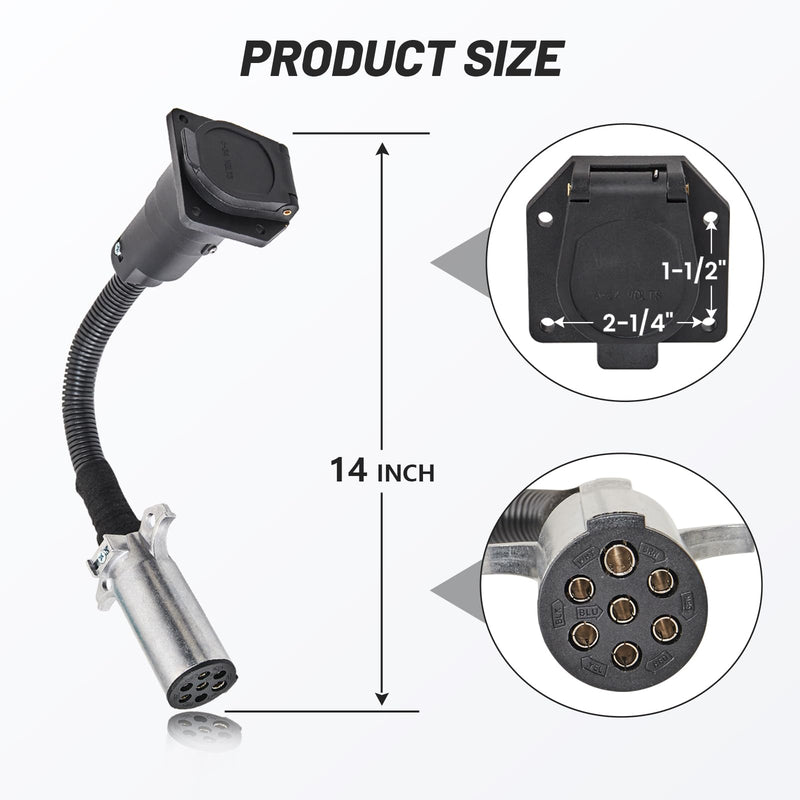 7 Pole Round to 7 Way RV Blade Trailer Adapter Connector, 7 Pin Round to 7 Pin RV Die-Cast Zinc Female Socket, Semi Truck Trailer Adapter for Tractor, Commercial Vehicle, Pickup Truck, SAE J560
