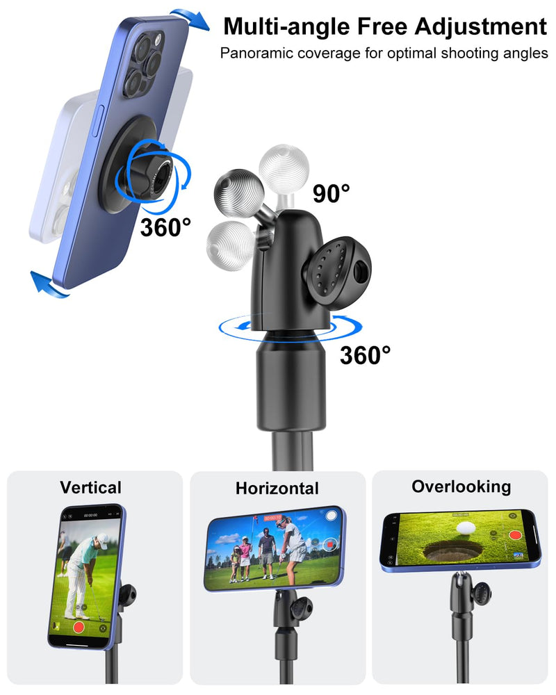 Golf Monopod Selfie Stick with Magnetic Phone Holder Mount - 57" Metal Pole Golf Phone Holder for Record Swing, Putting, Golf Training Aid, Tripod for iPhone 16 15 Compatible with Magsafe