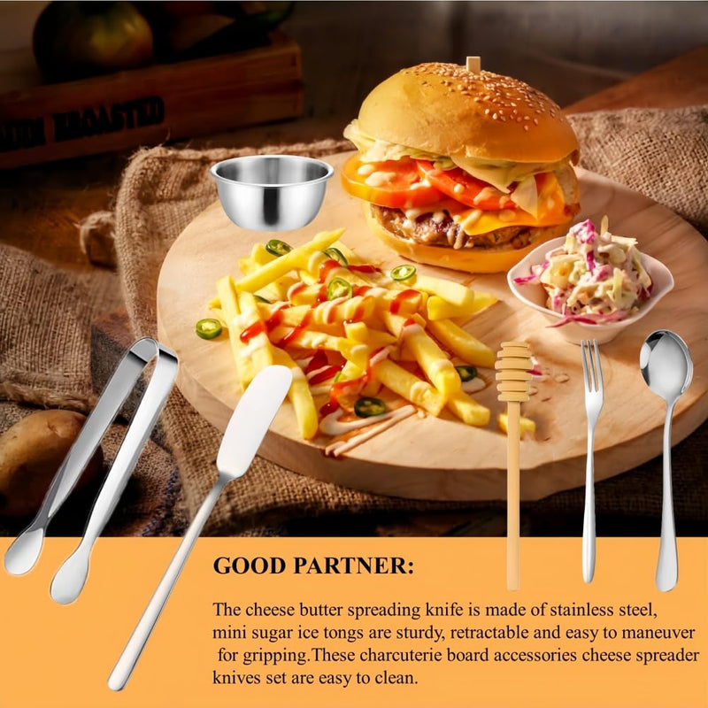 44 Pcs Charcuterie Boards Accessories,Cheese Butter Spreader Knives Set Stainless Steel Spreader Knives Forks Spoons Mini Serving Tongs Small Dipping Bowls Toothpick Flags Utensils for Party (Silver) Silver