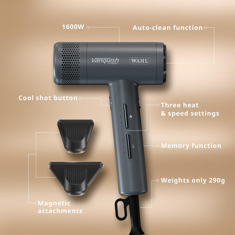 Wahl Vanquish Compact Cool Grey Hair Dryer, Lightweight Professional Styler