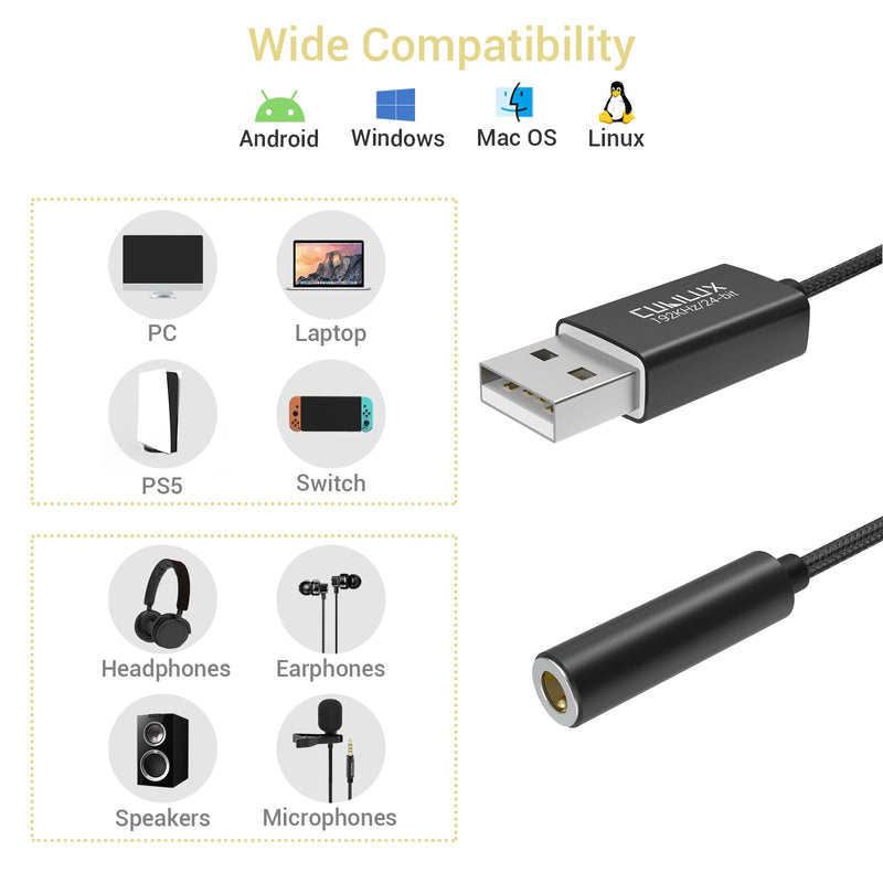 Cubilux USB to 3.5mm Jack Audio Adapter,USB A to AUX Cable with TRRS 4-Pole Adapter,External Stereo Sound Card Compatible with PS5 PS4, Windows Linux Laptop PC Computer Raspberry Pi, 4 FT 192KHz/24-bit USB to TRRS Extension Cord, 4 Feet