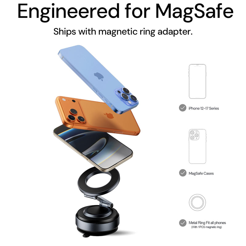 Full Aluminum Alloy Magnetic Car Mount 2025 for iPhone 17 Pro Max/16/15 [80+LBS Rock-Solid Suction & 3200gf N55 Magnet] 360° Adjustable Phone Holder for Car Dashboard/Windshield - No-Shake Stability Blue black