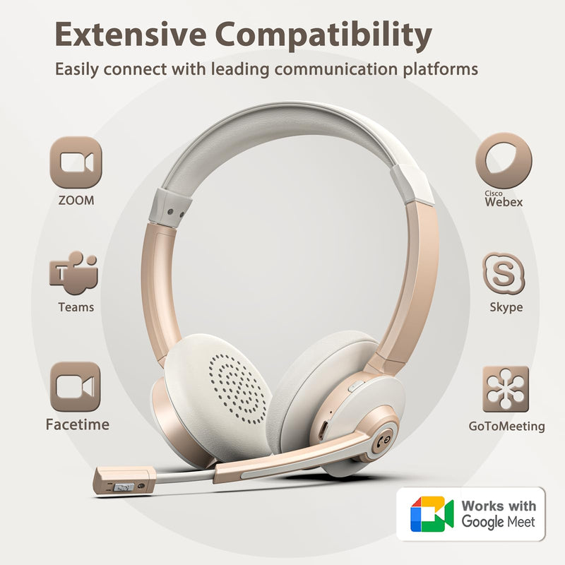 Wireless Headset, Bluetooth Headphones with Microphone AI Noise Canceling/Charge Dock, Wireless Headset with Mic Mute & USB Dongle for Computer Phone Remote Work Office Call Meeting Teams White Gold