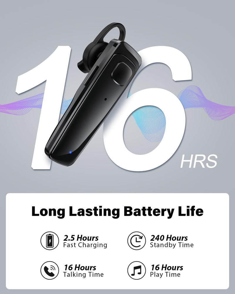 Bluetooth Headset, Single Ear Business Earbuds, V5.3 Hands-Free Earphones with Hook, 16 Hrs Talk Time Wireless Earbuds, Bluetooth Earpiece with Built-in Mic for Driving/Business/Office/Truck Driver Black