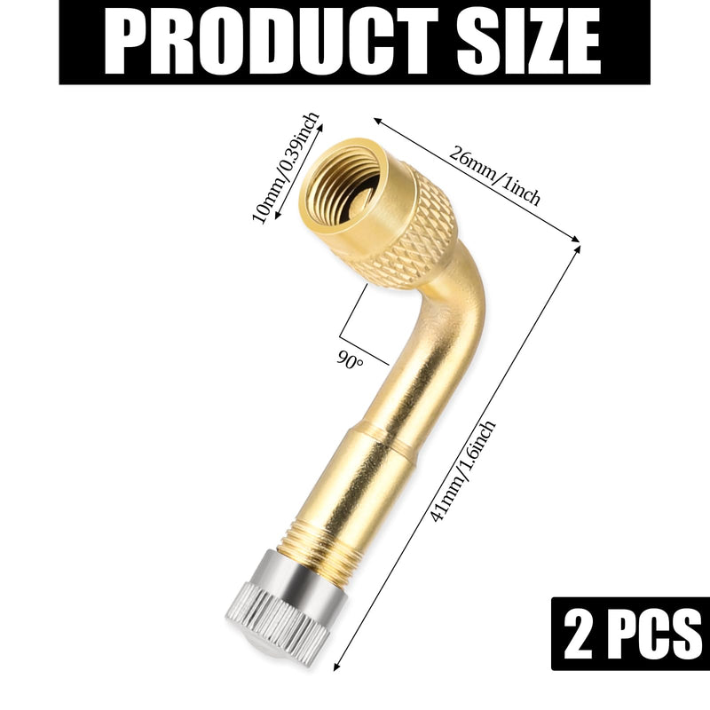90 Degree Valve Stem Extenders, 2 Pcs Universal Brass Tire Valve Extension Adaptor Metal Valve Stem Extensions for Passenger Cars, Bicycles, Motorcycles, RV, Trailers Gold