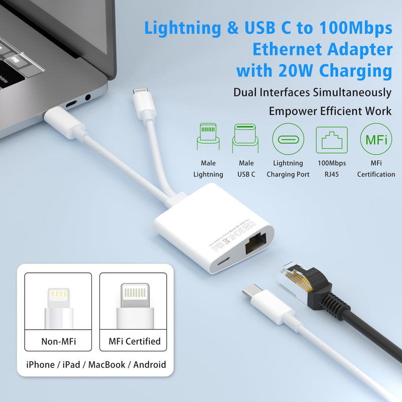 USB C to Ethernet Adapter,Apple MFi Certified Lightning to 10/100 Gigabit Ethernet Internet Adapter, 2 in 1 RJ45 LAN Network Dongle with PD Charging Prot for iPhone iPad Samsung Android MacBook Laptop