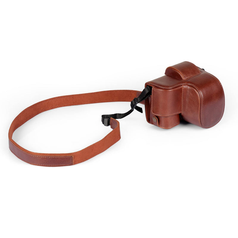 MegaGear MG2006 Ever Ready Genuine Leather Camera Case Compatible with Sony ZV-E10, Full Body Protection Lens Cover Bag with Shoulder Strap, Brown