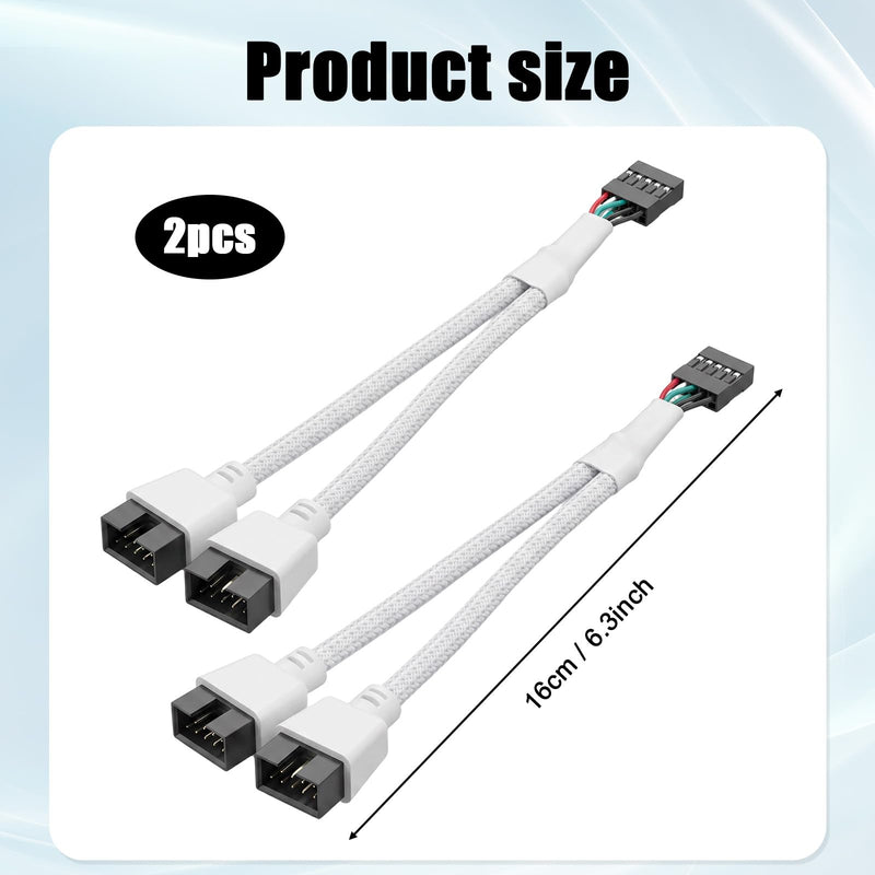 Vin Beauty 2 PCS Motherboard USB 2.0 to Dual 9 Pin Extension Splitter | USB Header Splitter Internal USB Hub for Internal Motherboard, White Braided