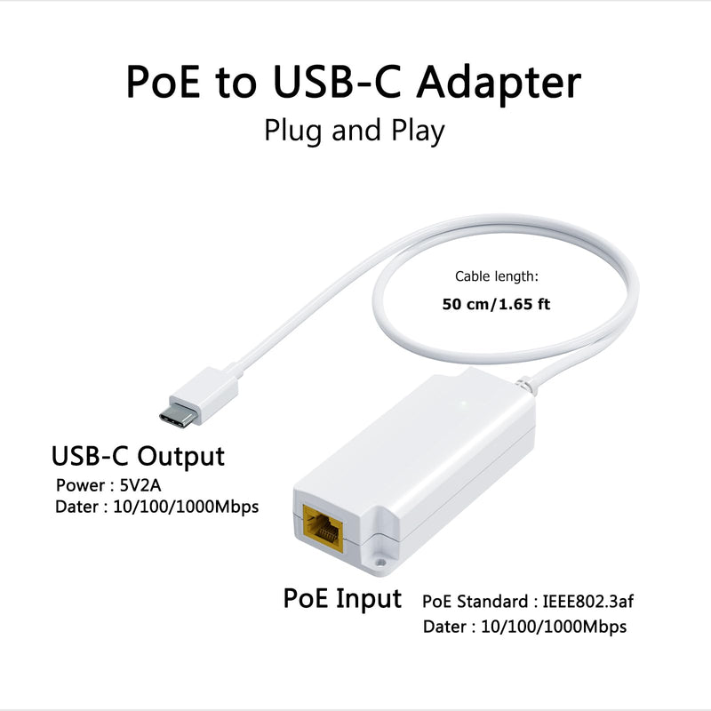 Gigabit PoE to USB C Converter for Smart Phone/Tablet, USB-C to Ethernet Adapter with 10W Charging, Power & Data 2-in-1 RJ45 Port to Type-C Adapter, 10/100/1000Mbps High Speed Plug & Play,PT-PGC-AF