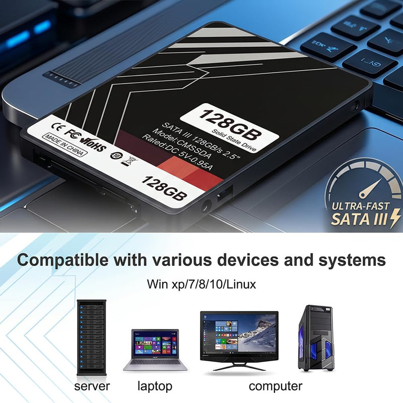 128GB SSD SATA III 6Gb/s 2.5" Internal Solid State Drive, Read Speed up to 550MB/s, Compatible with Laptop and PC Desktops