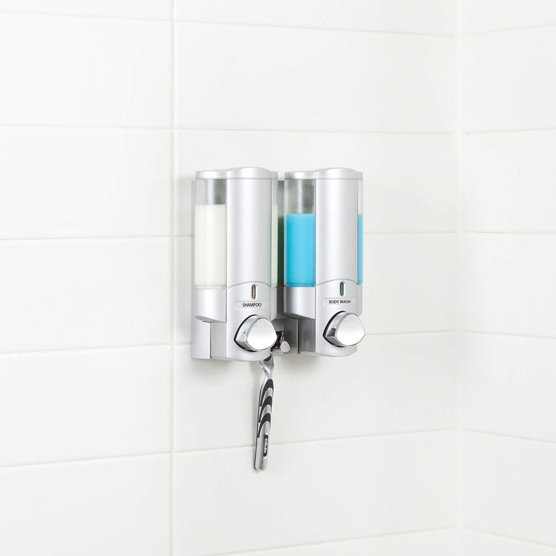 Better Living Aviva Shower Dispenser 2 Chamber, Wall Mount Shower Soap Dispenser for Bathroom Hotel Body Wash, Built-in Hooks, No Drill, Waterproof Shampoo Soap Dispenser, 2 x 11 oz, Satin Silver 2-Chamber