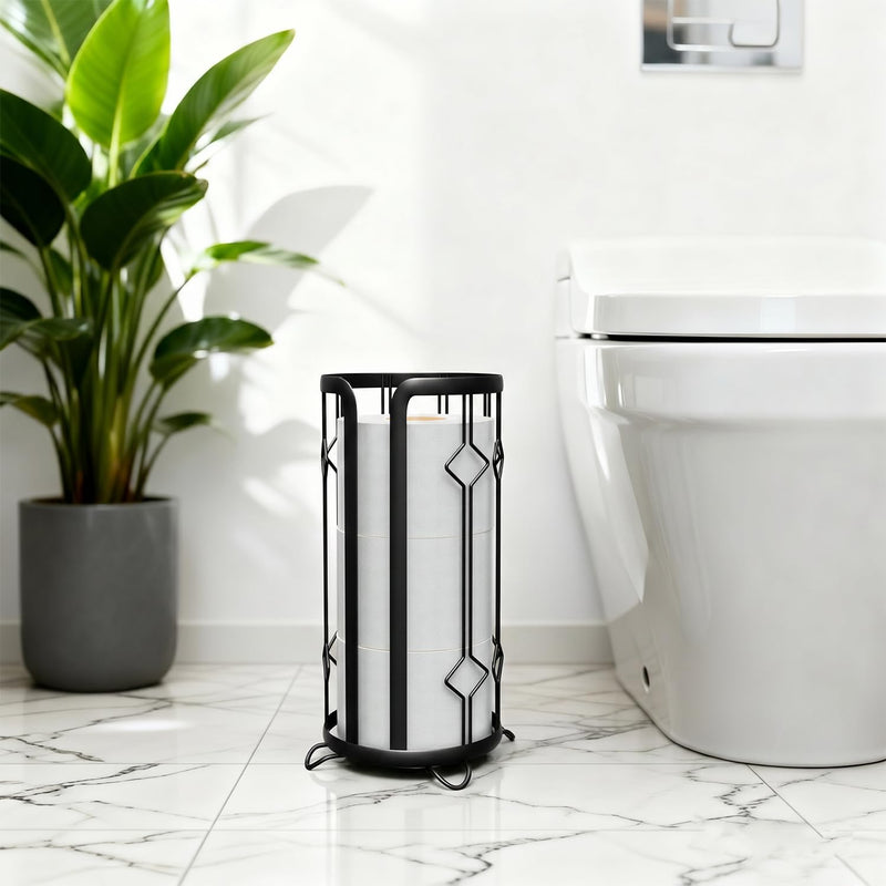 Epicano Toilet Paper Holder Stand Frees Standing,Black | Waterproof Raised Feet,Rustproof,Fit 3 Mega Rolls,No Drill No Assemble,Instant Paper Storage,Space-saving Renter Friendly