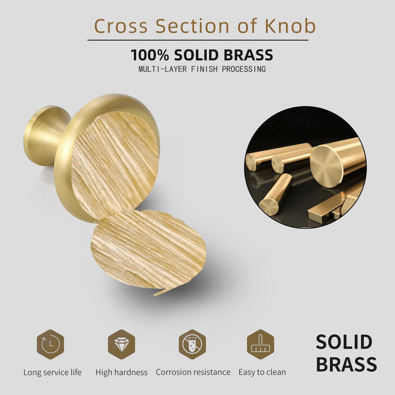 SALISENG Solid Brass Gold Cabinet Knob - 6 Pack Round Dresser Drawer Pulls,1.26 Inch, Bathroom Cabinet Handles, Furniture Hardware for Closet Cupboard Brushed Gold