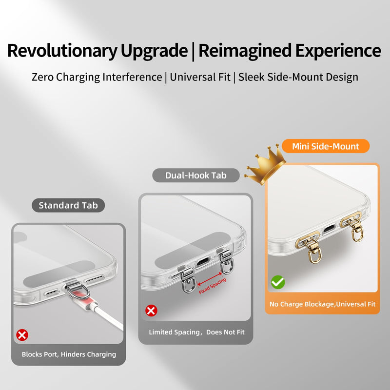saxsion Side-Mount Phone Tether Tab, Metal Lanyard Patch, 360° Swivel Clip, 304 Stainless Steel, Won't Block Charging Port Champagne Gold*4