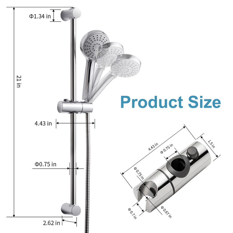 OFFO Shower Slide Bar Combo, Adjustable 21 in Slide Bar with 3-Mode Round Handheld Shower Head and 60 in Stainless Steel Hose, Screw Wall Mounted, Chrome Finish Round 21" Slide Bar & 60" Hose