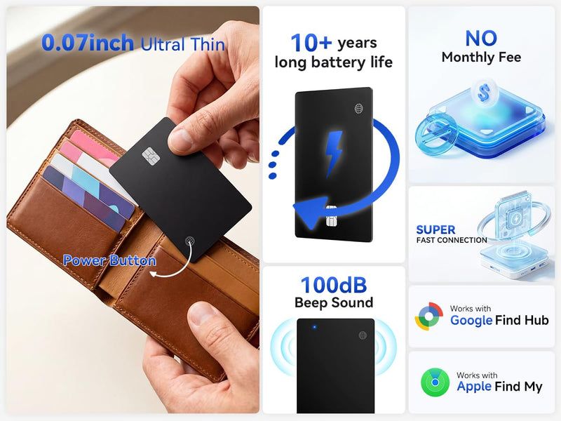 eirix 2 Pack Wallet Tracker Card (iOS and Android) Ultra Slim 0.07in IP68 Waterproof Rechargeable Work with Apple Find My & Google Find Hub, Item Locator for Card Holder,Passports,Money Clips