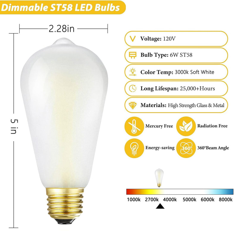 E26 Frosted LED Edison Bulbs, 6W Equivalent 60W,600LM,AC120V, Soft White 3000K,ST58 Dimmable Antique LED Filament Bulbs with 90+ CRI, Pack of 6 (6W=60W Soft White) 6w-3000k-6p
