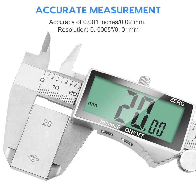 Digital Caliper, 6 Inch Caliper Tool with Extra Large LCD Screen, Auto-Off Feature, Easy Switch from Inch Metric Fraction, Stainless Steel Vernier Caliper Measuring Tool for DIY/Household Stainless Steel-Large LCD