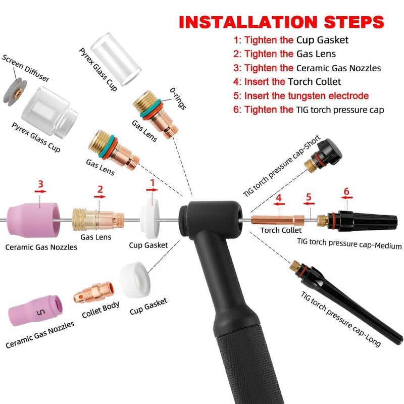 100 Pcs TIG Welding Torch Kit Consumables for WP-17/18/26, Includes Alumina Nozzles, Stubby Gas Lens, Collets, Glass Cup for Arc Welder Accessories Set 100pcs