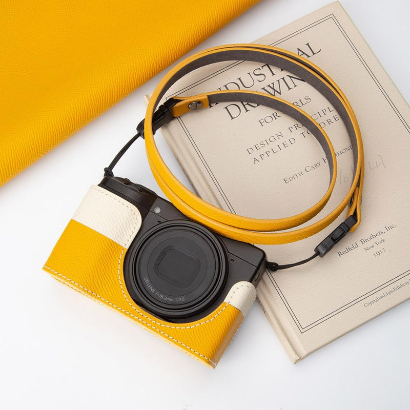 GRIV Genuine Leather Color-Block Camera Case with Shoulder Strap for Ricoh GR IV/GR IV X/GR IV HDF/GR4 Handmade Half Cover (Yellow White-Set) Yellow White-Set