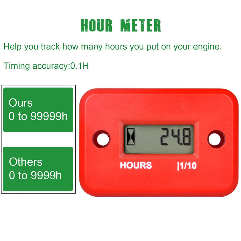 Yooreal Digital Inductive Hour Meter Waterproof IP68,Works on Various of ZTR/Riding Lawn Mower Land Trimmer UTV Brush Cutter Tractor ATV Boat Outboard Motor Dirt Bike Motorcycle. (HM006A Red) HM006A Red
