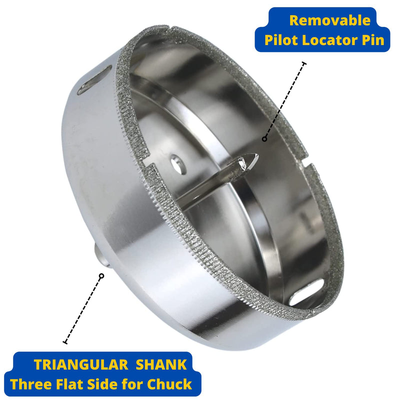 Drilax 4" Diamond Hole Saw | 1.5" Cutting Depth | Removable Pilot Pin & Triangular 3/8" Shank | Drilling for Ceramic, Porcelain, Tile, Quartz, Granite, Marble | Large Vent, Duct & Recessed Light Holes 4 inch