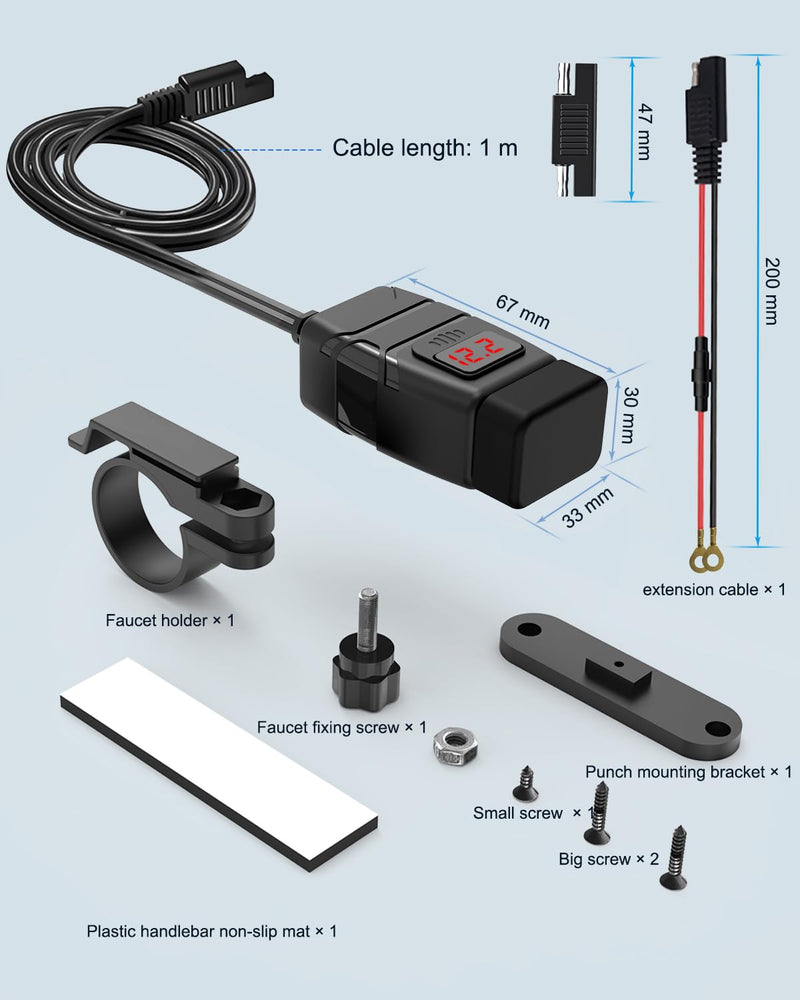 EXTRACTME Motorcycle USB Charger, 6.8A Quick Charge 3.0 Dual USB Motorcycle Phone Charger with Voltmeter & ON/Off Switch, Waterproof Quick Disconnect SAE to USB Adapter for Phone, Tablet, GPS Red Voltmeter Motorcycle Phone Charger