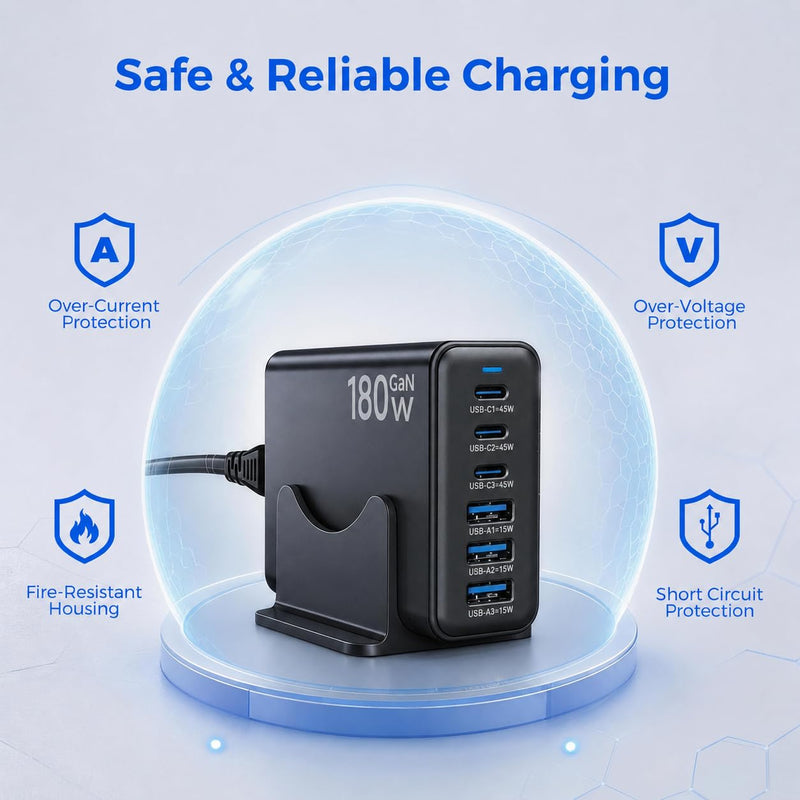 180W GaN USB-C Charging Station, 6-Port Desktop Charger | 180W GaN, 3x45W USB-C + 3x15W USB-A, charge 6 devices, desk/travel, iPhone iPad Galaxy, USB charging station