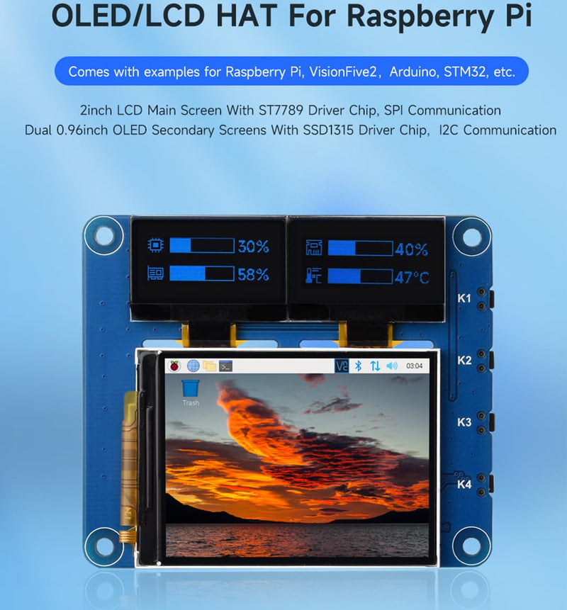 Triple OLED/LCD HAT for Raspberry Pi 5/4B/3B+/3B/Zero W/Zero 2W, Onboard 2inch IPS LCD Main Screen 240x320 SPI Interface and Dual 0.96inch OLED Secondary Screens 128x64 I2C Interface