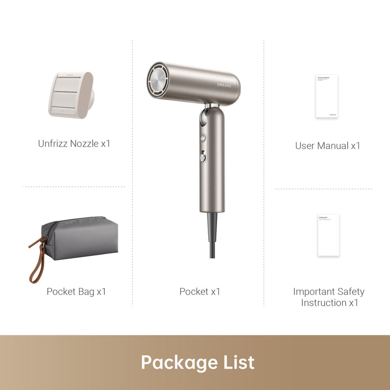  [AUSTRALIA] - DREAME Pocket High-Speed Hair Dryer, 110,000 RPM, 3 Foldable Forms, 300g | Anti-Frizz Nozzle, 300M Negative Ions, 40s NTC Fast Drying, 5 Temp Settings, <60dB Silent Tech Pocket-Gold