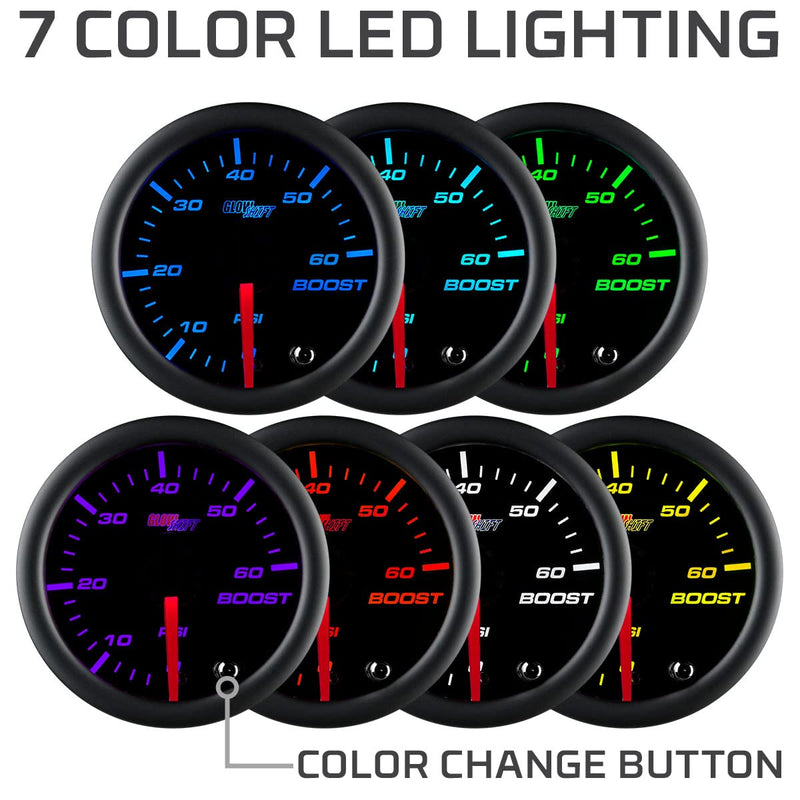 GlowShift Tinted 7 Color 60 PSI Turbo Boost Gauge Kit - Includes Mechanical Hose, 1/8-27 NPT Fittings & Wiring - Multi-Color Display - Black Dial - Smoked Lens - for Diesel Trucks - 2-1/16" 52mm