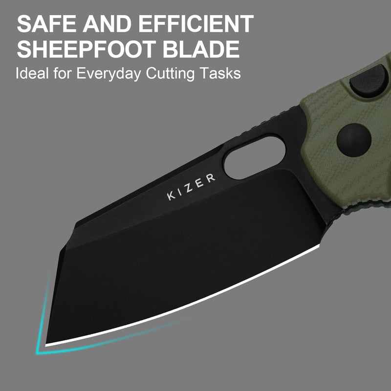 Kizer C01C 2.9 BS Sheepdog Pocket Knife, 2.95" D2 Blade Folding Knife with Olive Green G10 Handle, Button Liner Lock & Thumb Hole, Small EDC Knives for Camping Hiking Survival, V3488.29BSM1