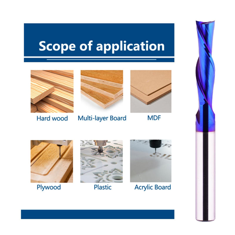 2PCS Spiral CNC Router Bit Down Cut 1/4 inch Shank Solid Carbide End Mill Tools with Blue Nano Coated for Wood Carving Engraving 2 PCS