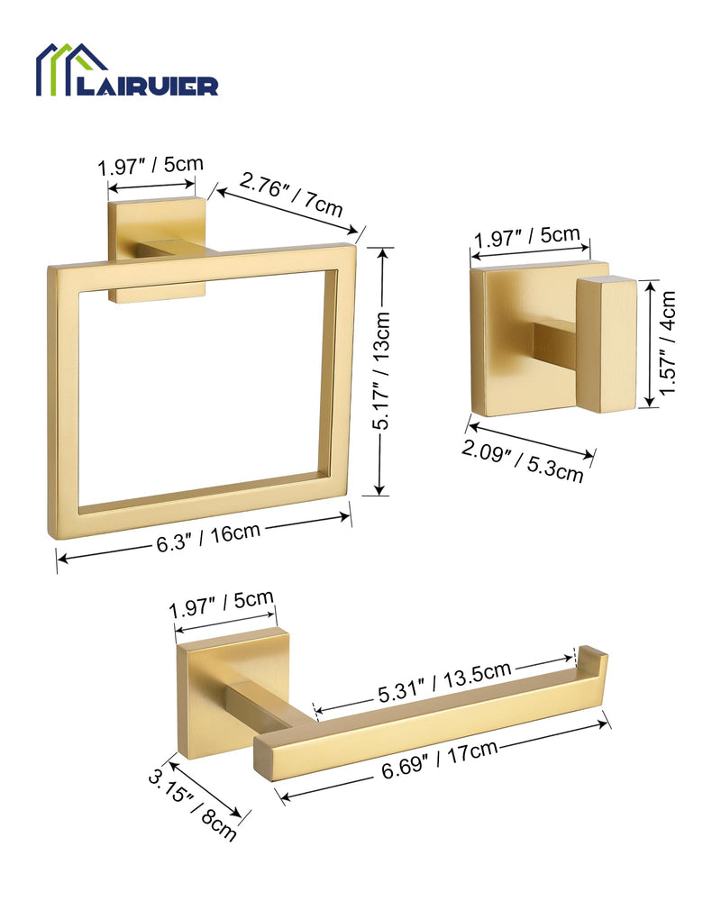 Brushed Gold Bathroom Hardware Set 4 Pieces, Toilet Paper Holder Set SUS304 Stainless Steel Bath Hand Towel Ring for Bathroom Hardware Accessories Set Wall Mounted Brushed Gold