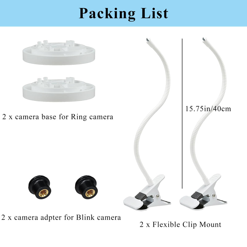 2 Pack Clip Mount Compatible with Ring Indoor Cam Plus/Pan-Tilt Indoor Cam | No Drill Adjustable Flexible Clamp Stand Bracket, 1/4" Threaded Holder for Desk, Crib, Nursery, Shelf, Pillar, White