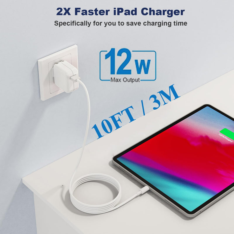2Pack iPad Charger, 10FT Fast Charger iPad Cord with 12W USB Wall Charger Block Foldable Portable Apple Adapter Plug Lightning Cable Compatible with iPad4/5/6/7/8/9,iPadMini 1/2/3/4/5,iPadAir 1/2/3 2Pack 10FT 2