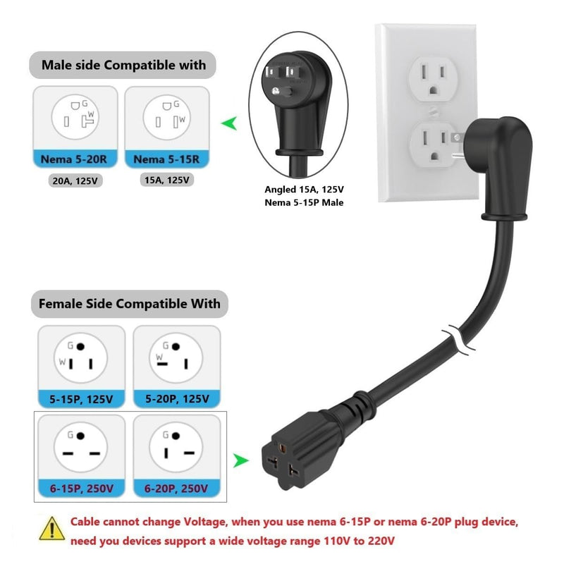 10Ft 12AWG Heavy Duty Right-Angle 15 Amp Household Plug to 20-Amp Extension-Cord, Nema 5-15P to 5-15R,5-20R,6-15R,6-20R T Blade 20Amp to 15Amp 90-Degree Extension Cable,125V 15A to 20A AC Power Cord