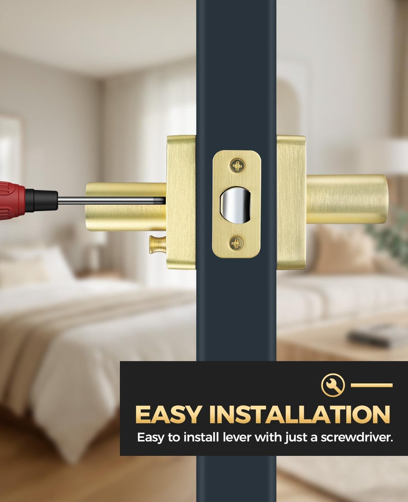 Brushed Gold Door Handles Interior for Bedroom & Bathroom, 1 Pack | Heavy Duty Zinc Alloy, Modern Thick Door Lever with Lock, Keyless Privacy, Reversible Left or Right Handed, Adjustable Latch Brushed Gold